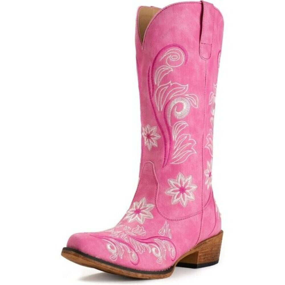 ⭐ IUV Women's Embroidered Cowboy Boots - Mid Calf Western Snip Toe Cowgirl Boots